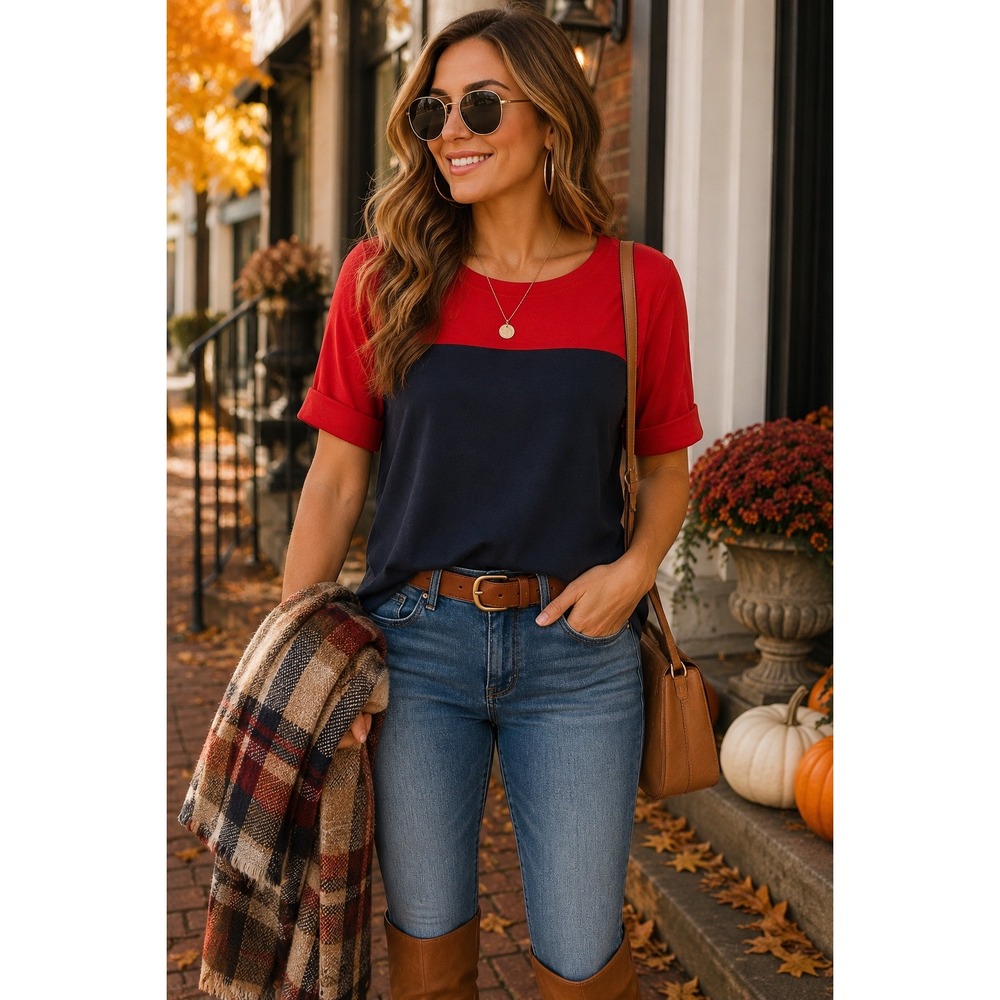 Lauren Ralph Lauren Womens XL Red Navy Colorblock Boat Neck Stretch Cotton Top